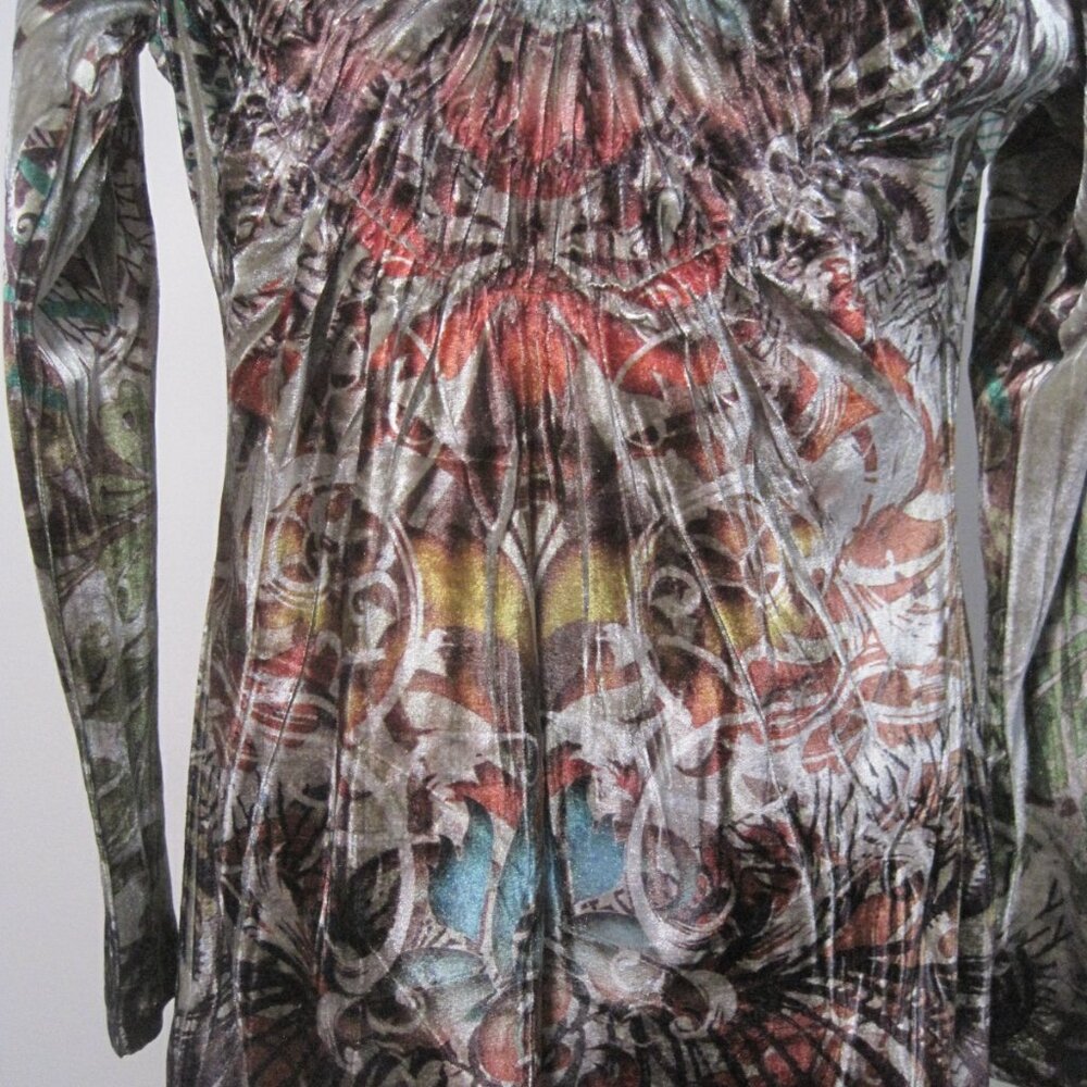 Vintage One World Velvet Polyester Long Sleeve Colorful Tunic Top Women's Medium - Picture 2 of 7